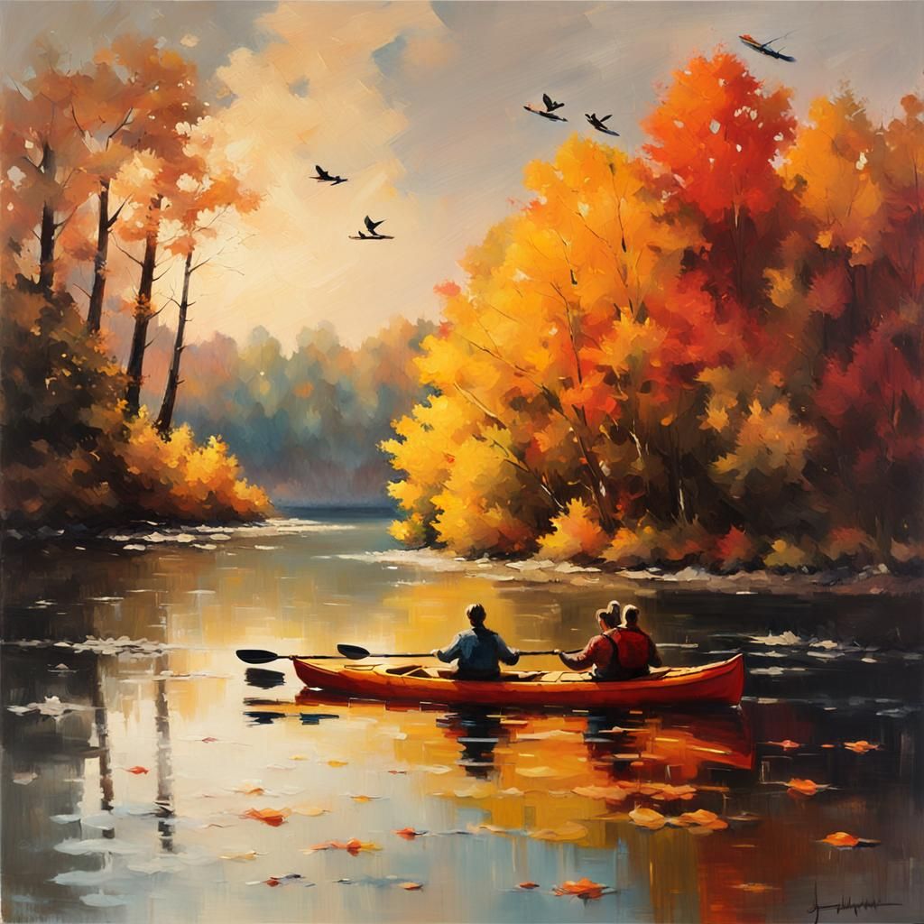 Kayakers on Autumn Lake: Expressive Oil Painting
