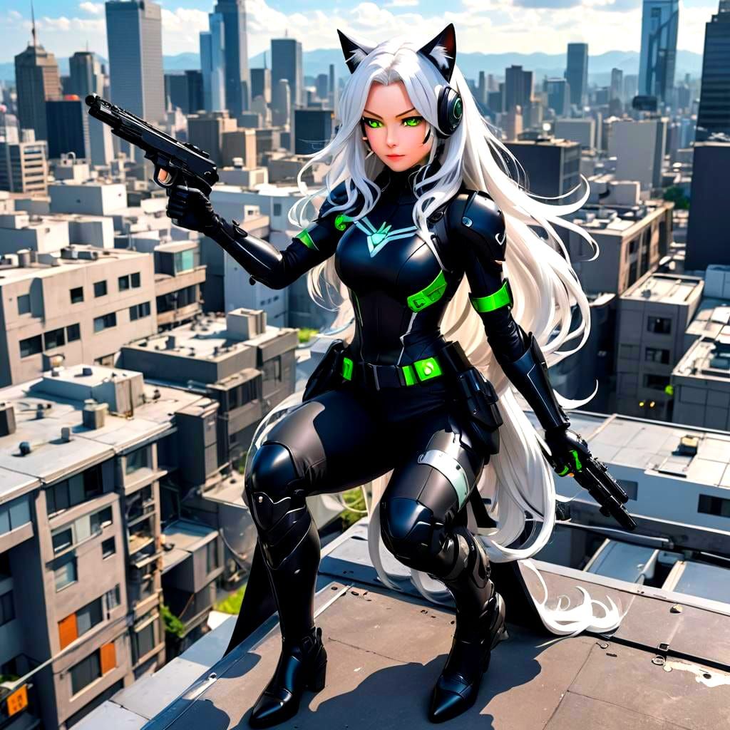 Cybernetic Cat Superheroine on Rooftop in Anime Style
