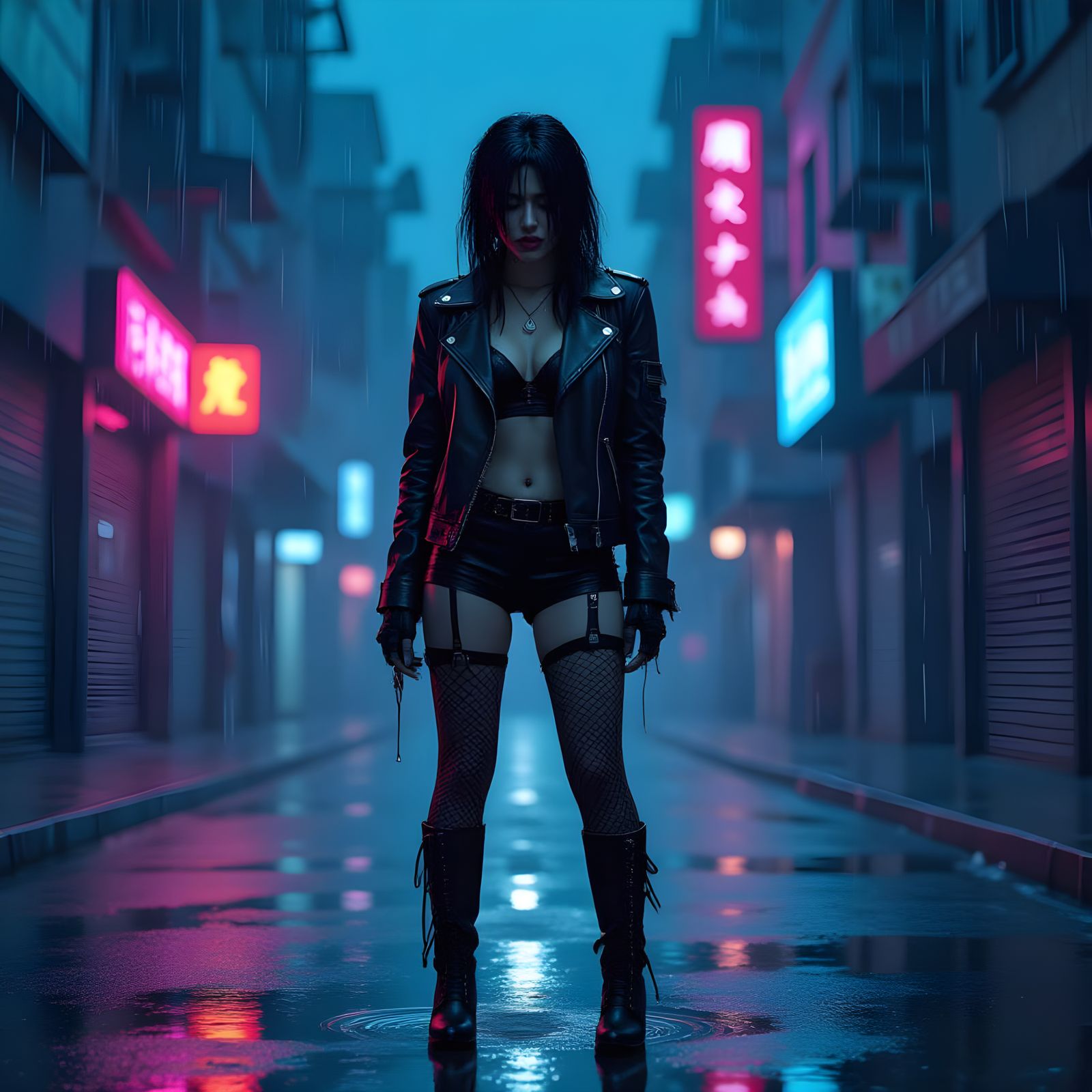Cyberpunk Amy Winehouse in Rainy Neon City