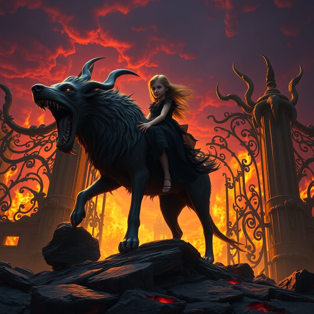 Little Girl Riding Cerberus in Dark Fantasy Style