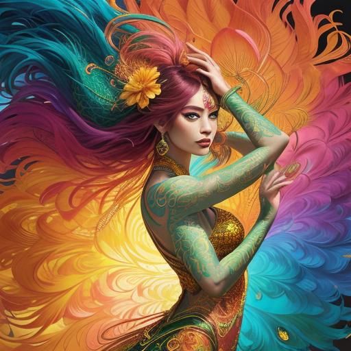 Dragon Peacock Woman in Abstract Expressionism Style