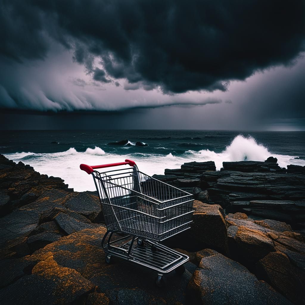 Dramatic Shopping Cart Overlooking Stormy Sea