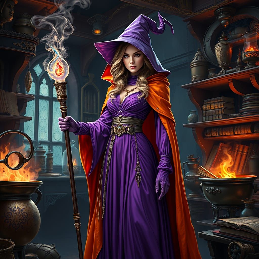 Sorceress in a Hyperrealistic Alchemist's Workshop