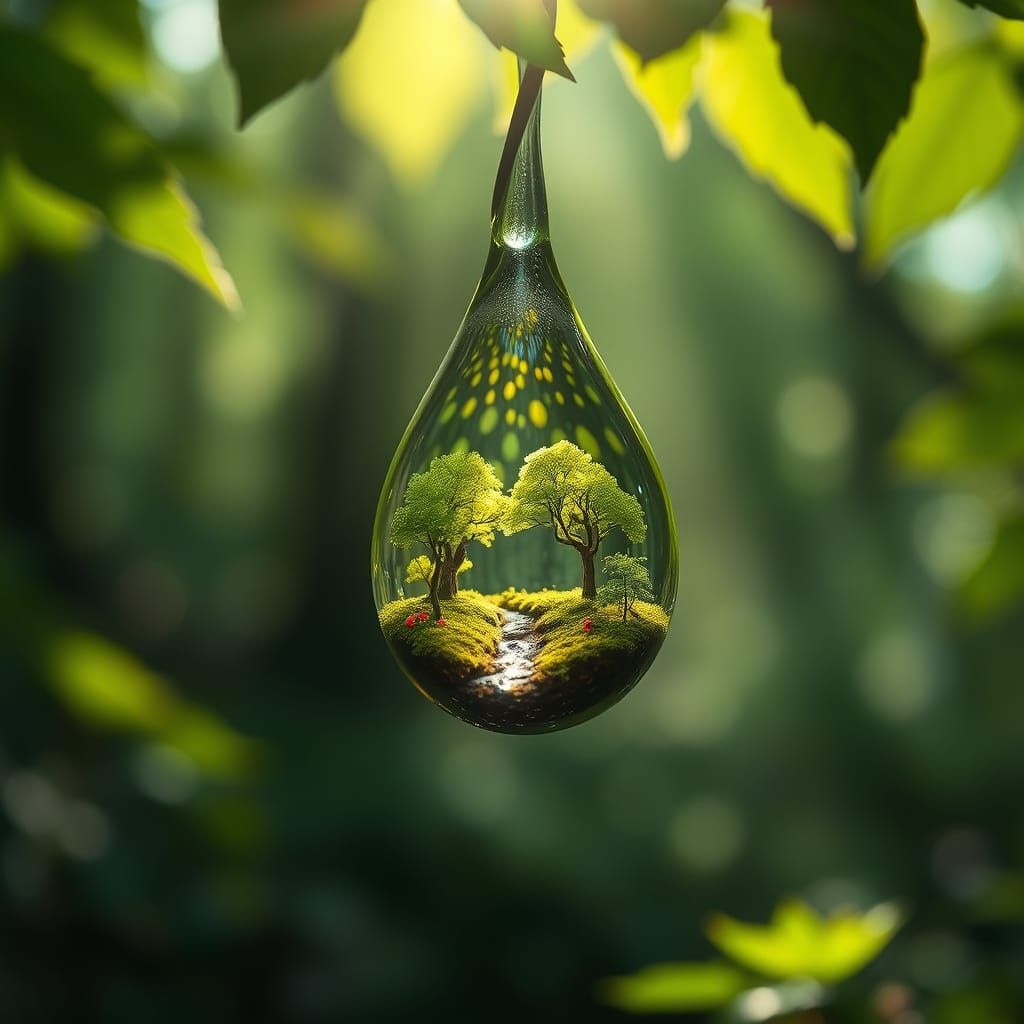 Miniature Forest World Inside Falling Water Droplet