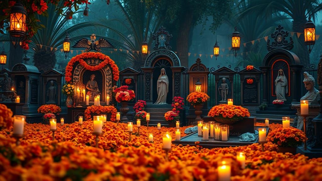 Mystical Mexican Cemetery Scene on the Night of the Dead