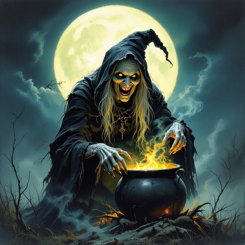 Terrifying Witch Cackles Under Full Moon on Halloween Night