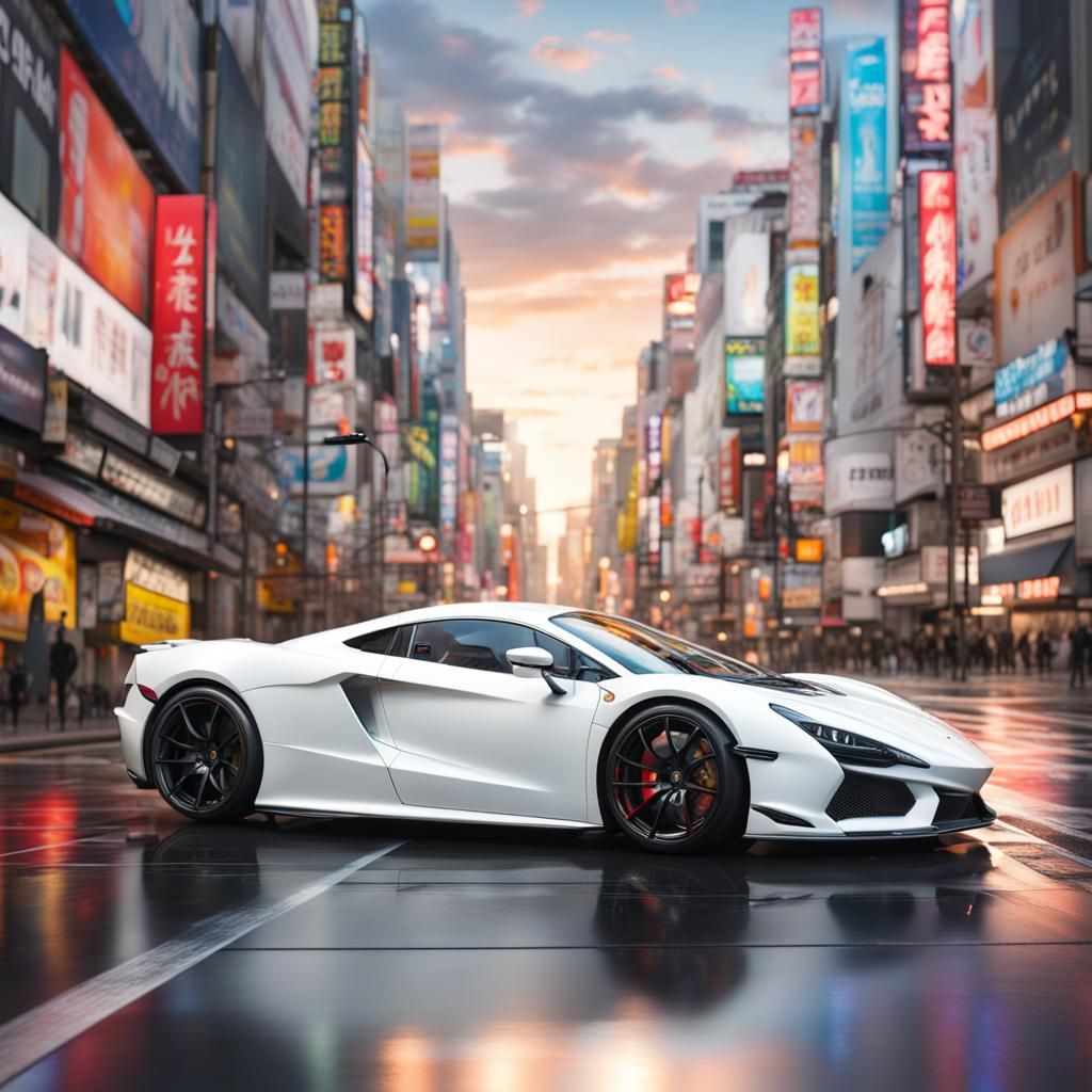 White Supercar in Japan: Hyperrealistic Concept Art