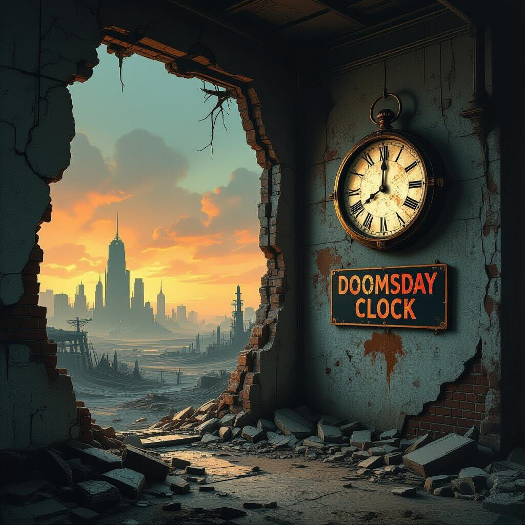 Dystopian Doomsday Clock in Post-Apocalyptic Landscape