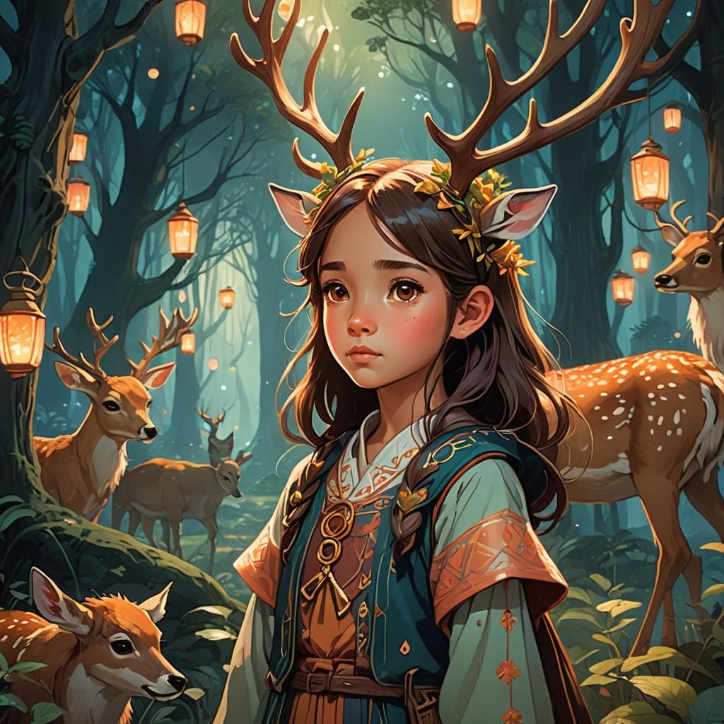 Girl with Deer Antlers in Forest, Miyazaki-Inspired