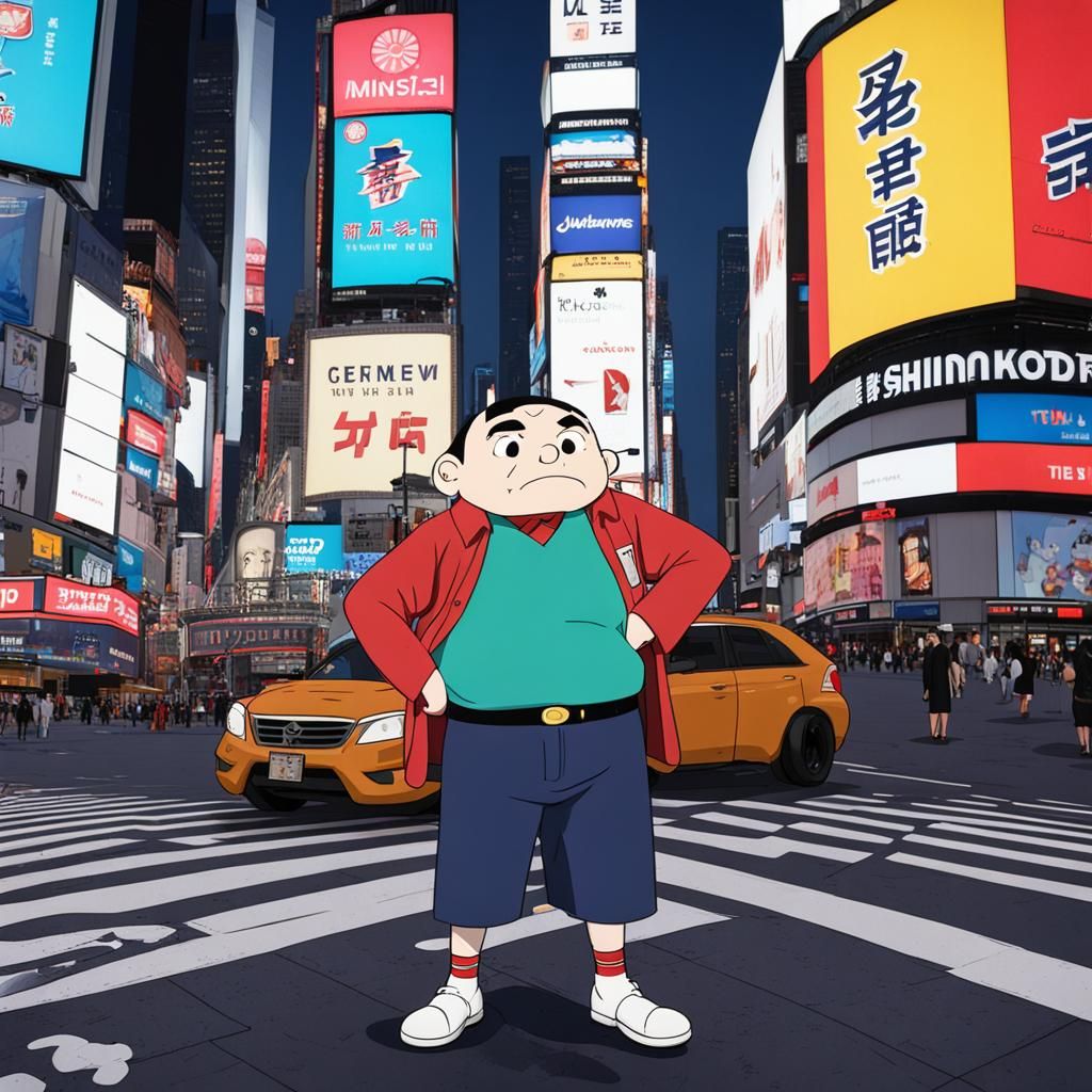 Shinchan as Adult in Times Square, Realistic Style