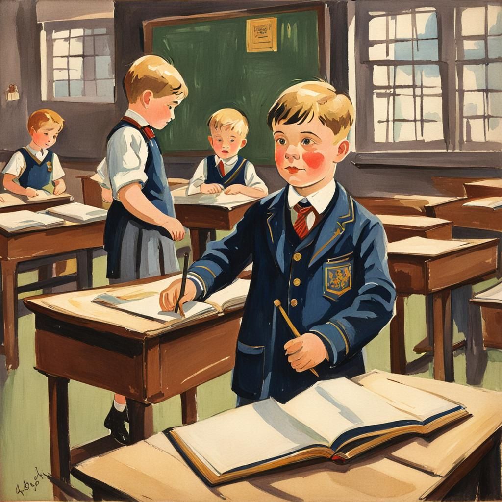 Boy in School Uniform: 1920s Gouache Illustration