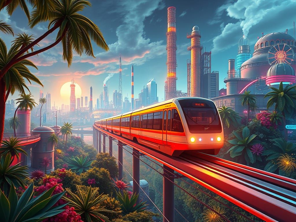 Solarpunk Monorail Soars Through Futuristic Metropolis