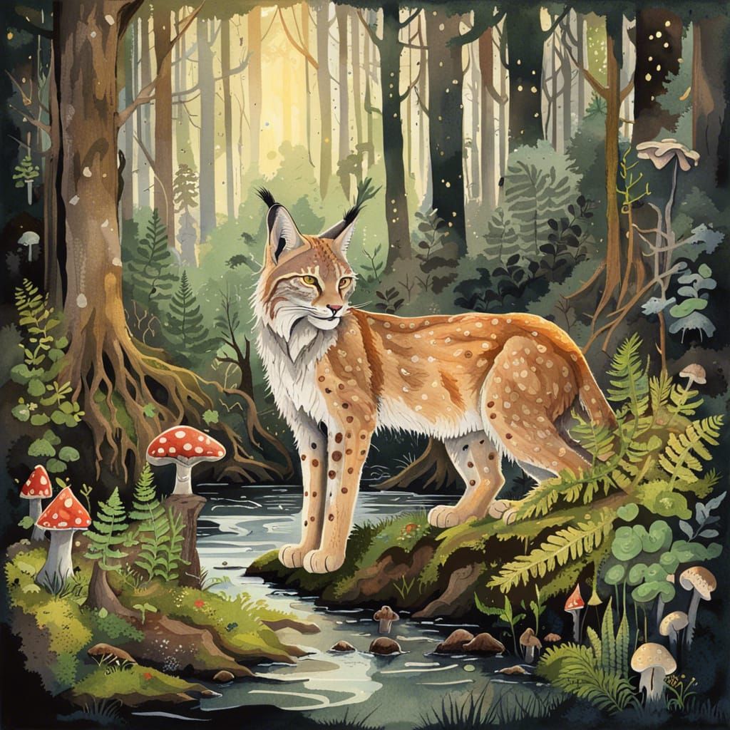 Lynx in Dark Fantasy Forest, Gouache Style