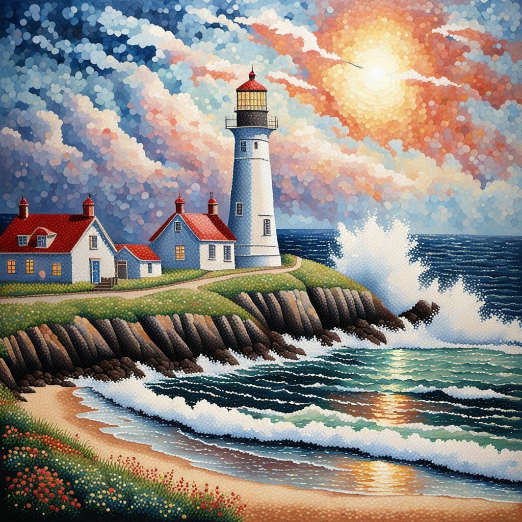 Pointillist Lighthouse on a Vibrant Seashore