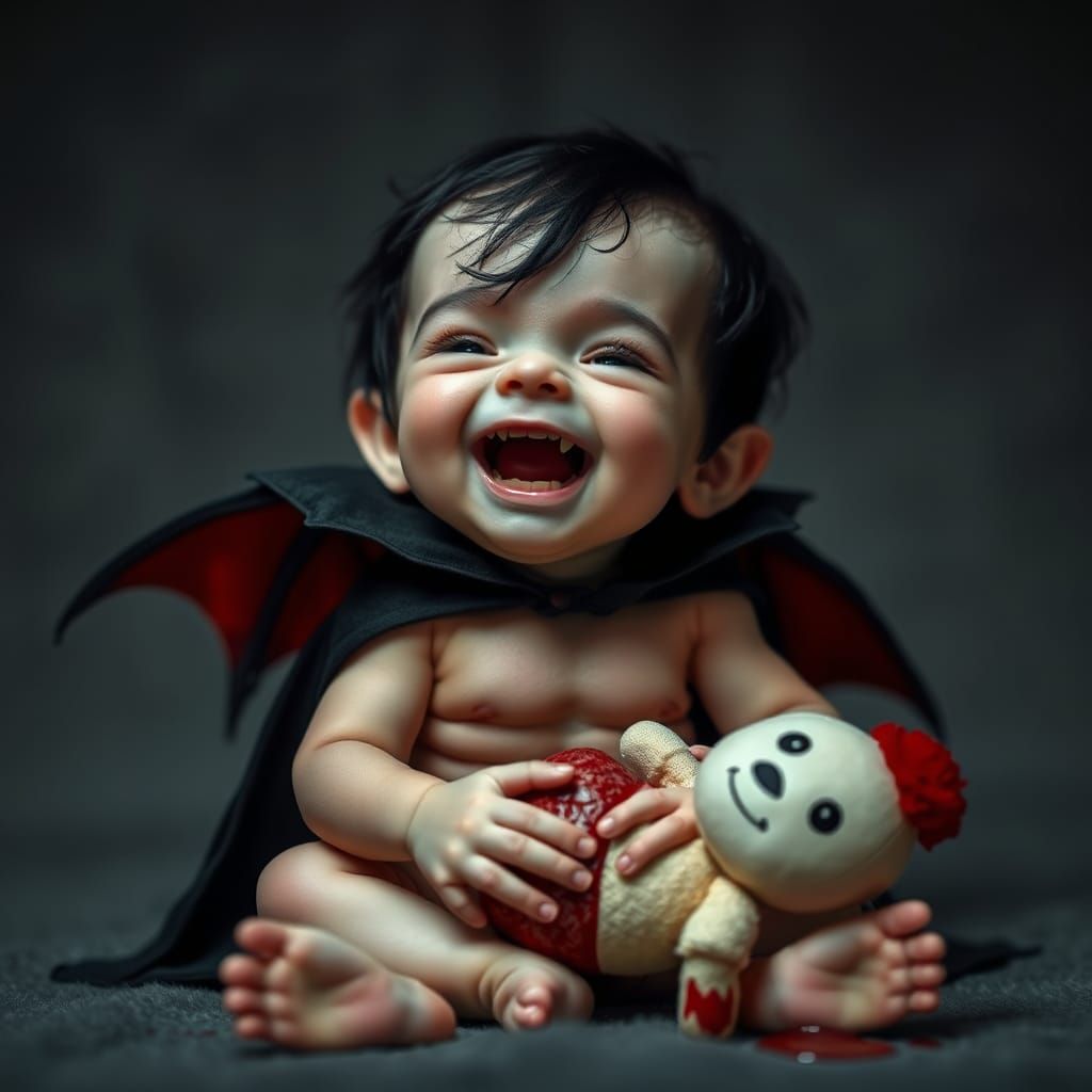 Laughing Baby Vampire Playing with Bloody Doll