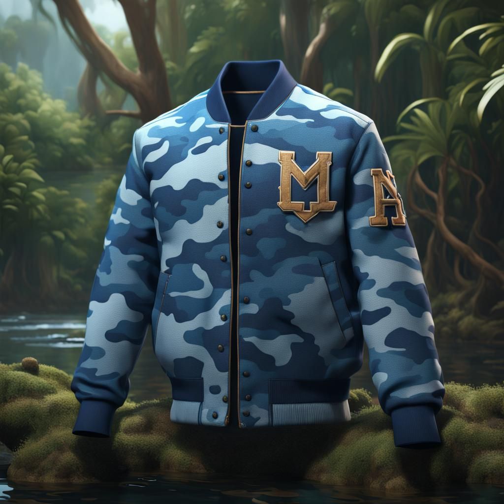Camouflage Letterman Jacket in Mangrove Forest: Detailed Mat...