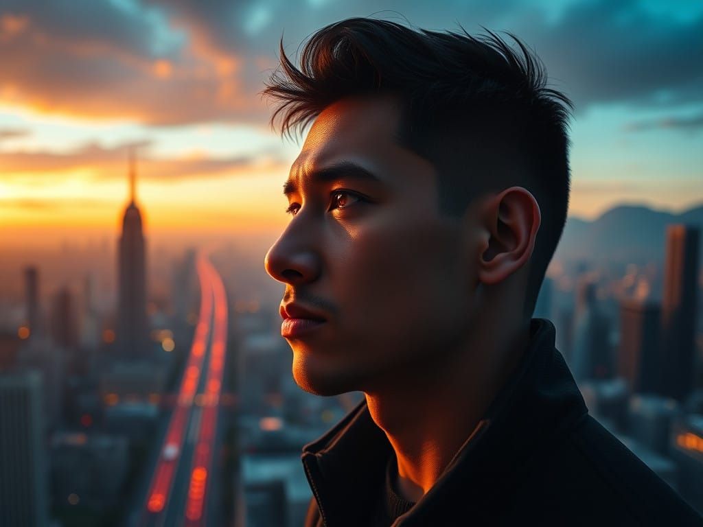 Contemplative Portrait in a Dynamic Cityscape at Sunrise to...
