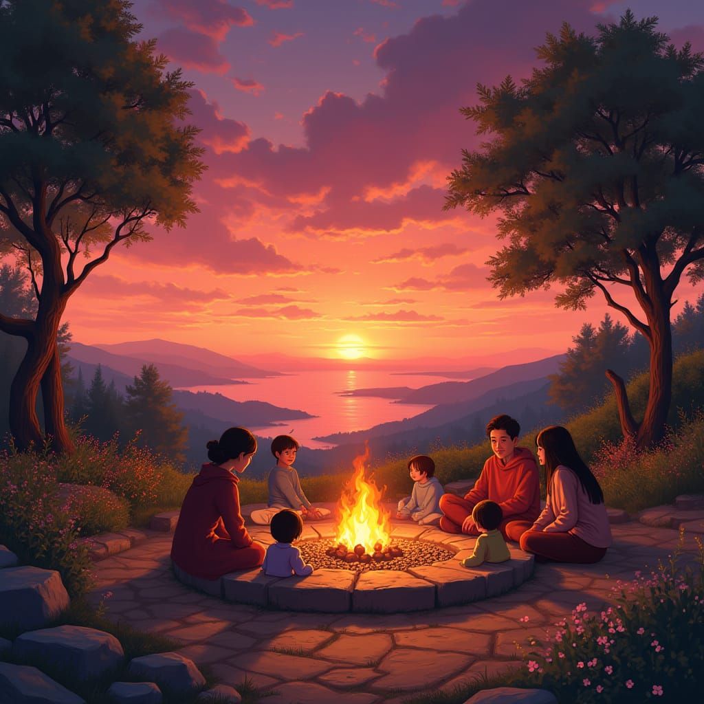 Warm Gathering at Sunset with Loved Ones by a Crackling Fire