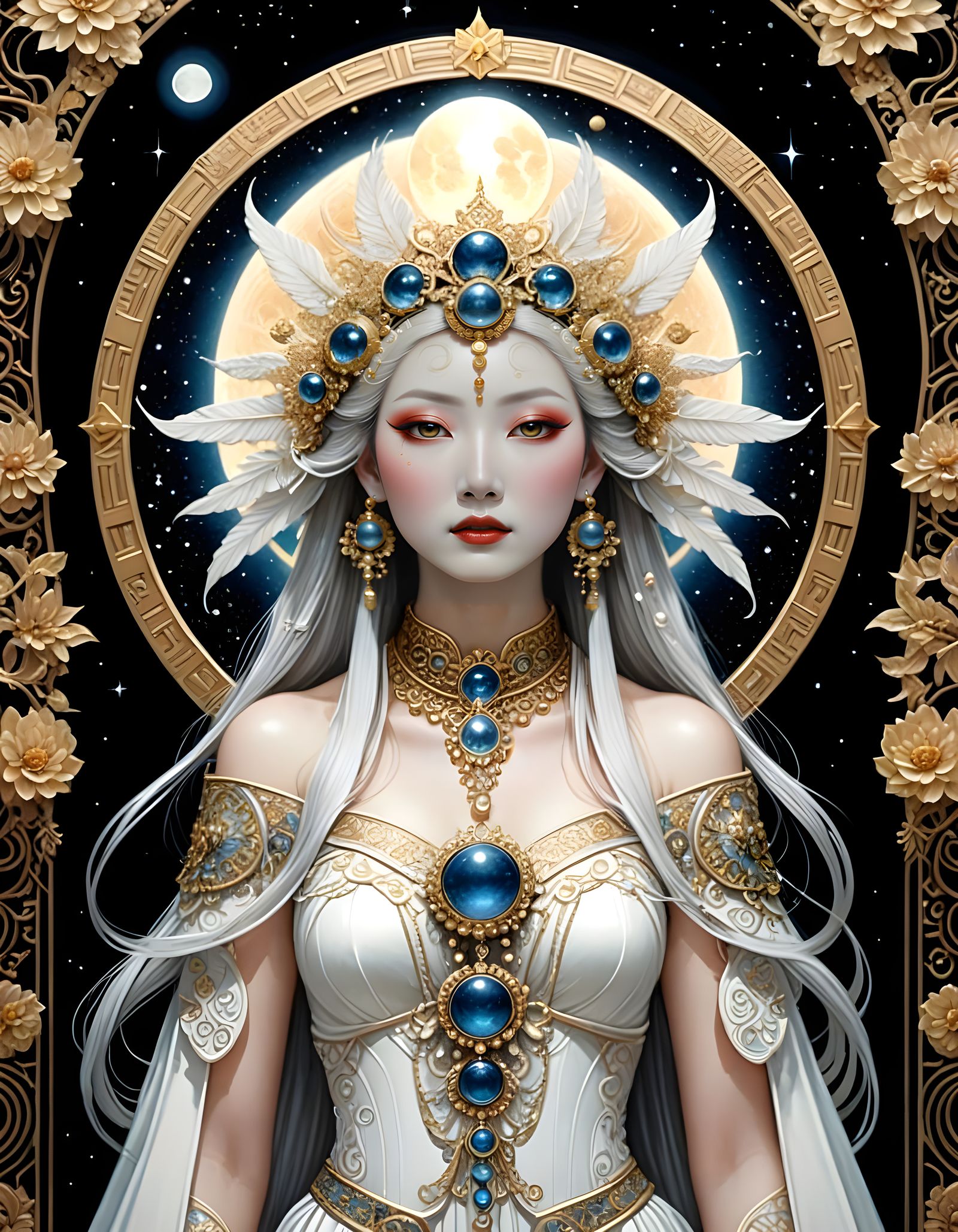 Art Nouveau Moon Goddess with Celestial Headdress