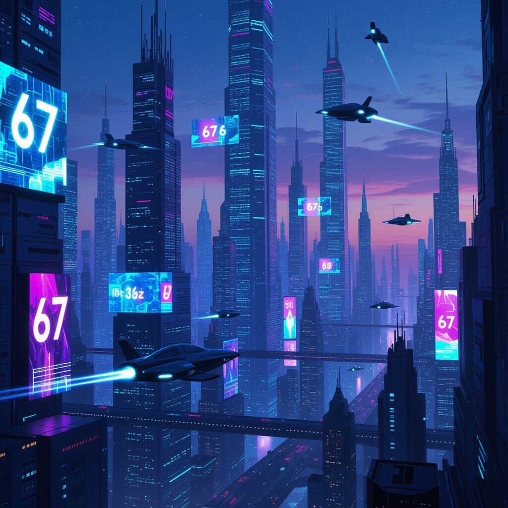 Futuristic Metropolis with Neon '6 7' Ads