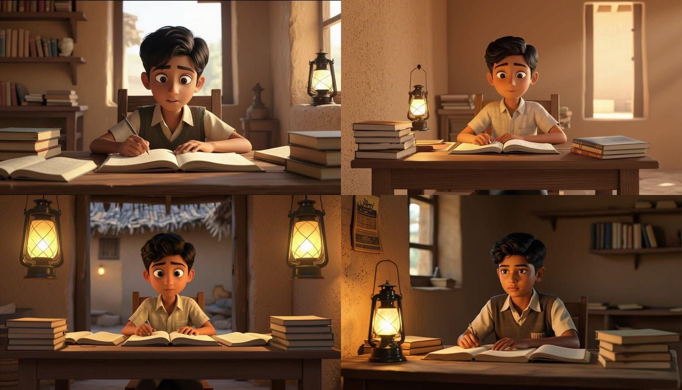 Indian Boy Studying in Rural Home, 3D Cinematic Illustration