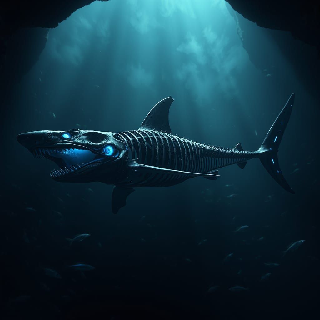 Ethereal Underwater Scene with Glowing Shark and Iridescent ...