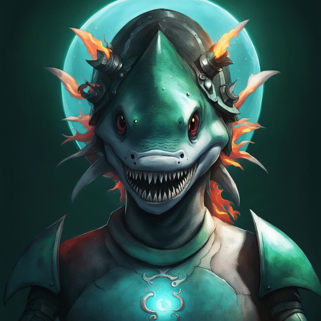 Armored Shark Warrior with Flaming Sword