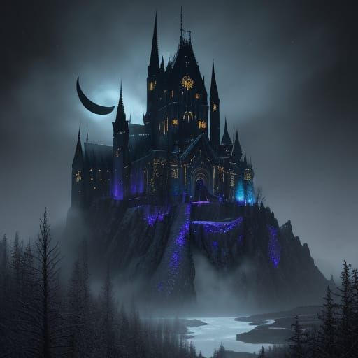 Ethereal Dark Fantasy Realm Under Crescent Moonlight