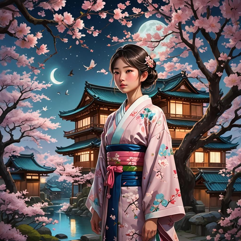 Japanese Girl in Cherry Blossom Fantasy Art