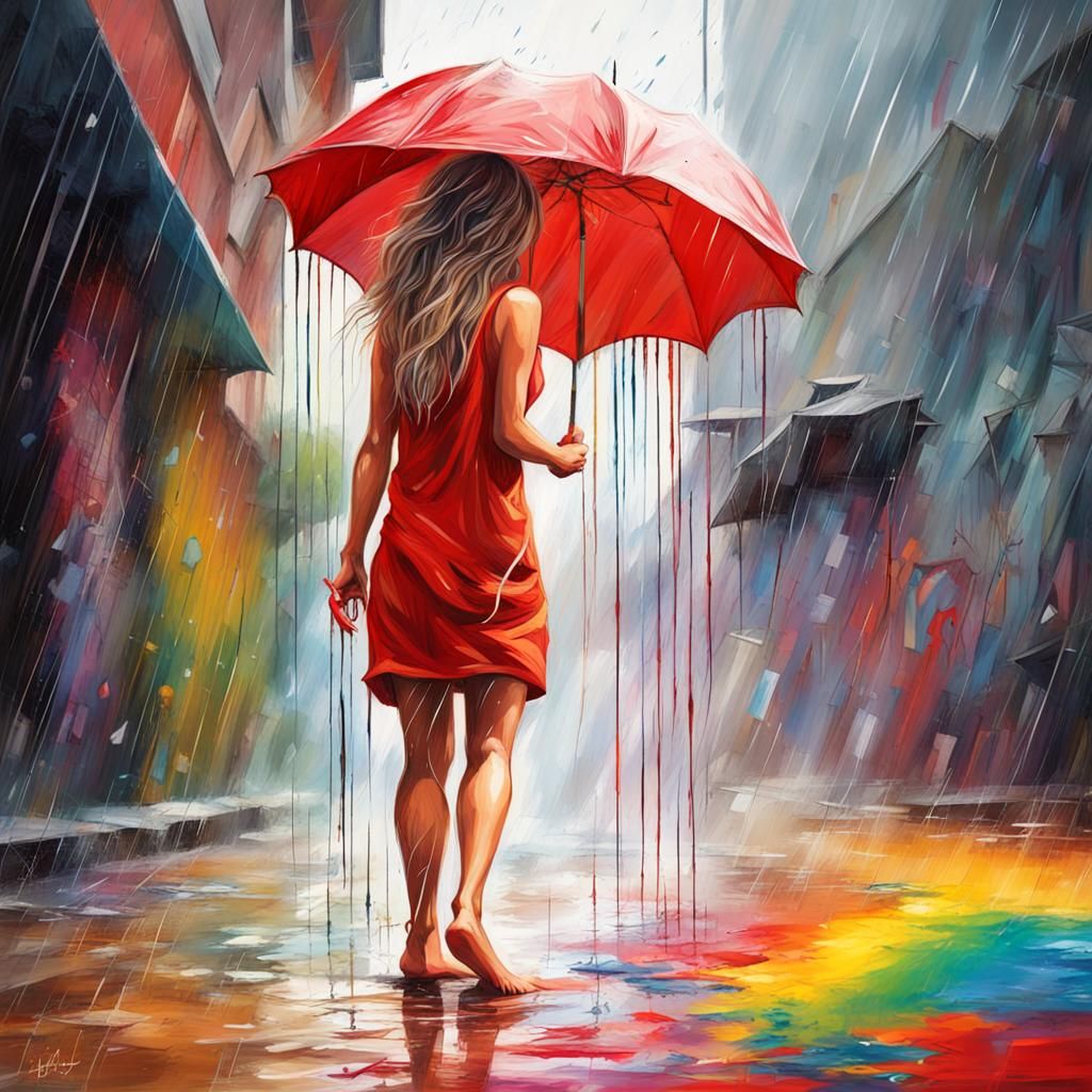 Girl in Red Dress Enjoys Rainy Summer Day