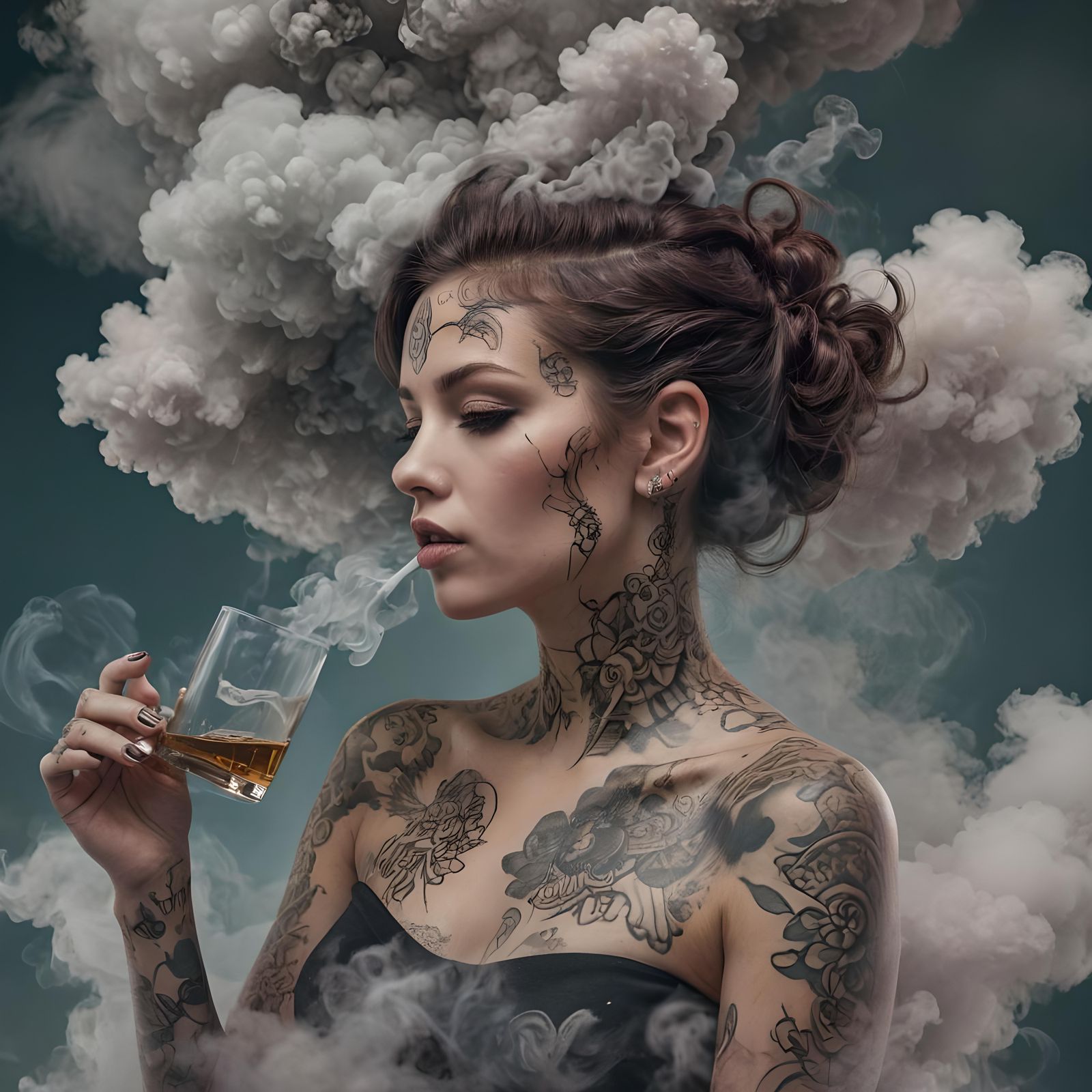 Double Exposure: Tattooed Woman in Vaporous Cloud