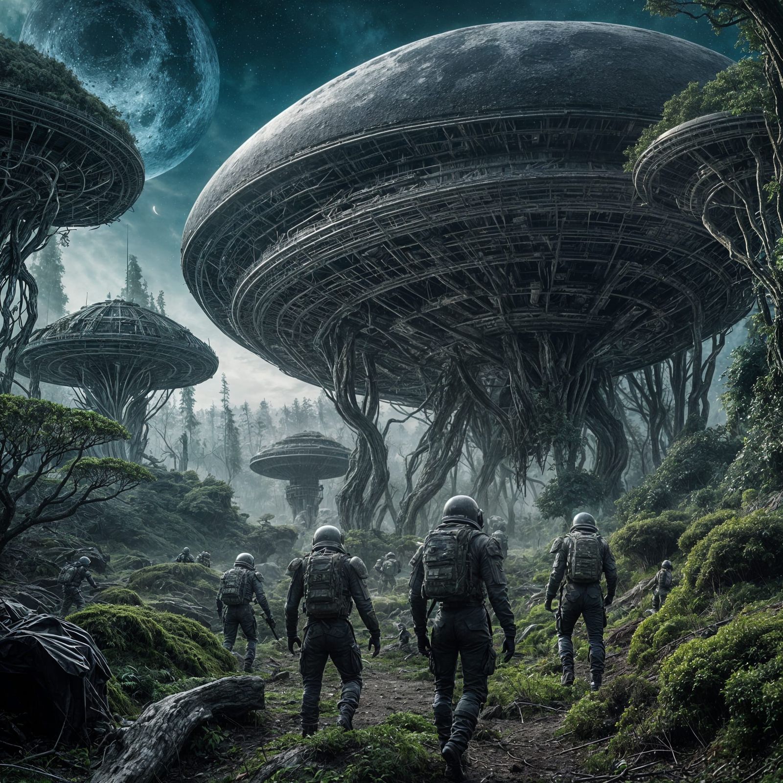 Soldiers in Alien Forest with Alien Moon