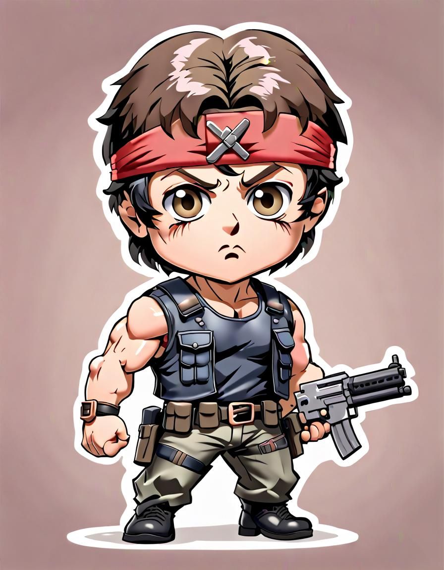 Tooled-up, ready-for-action, 'Rambo' character but Chibi-sty...