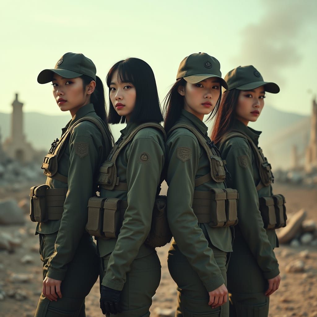 Kpop Group in Warzone: A Cinematic Film Still