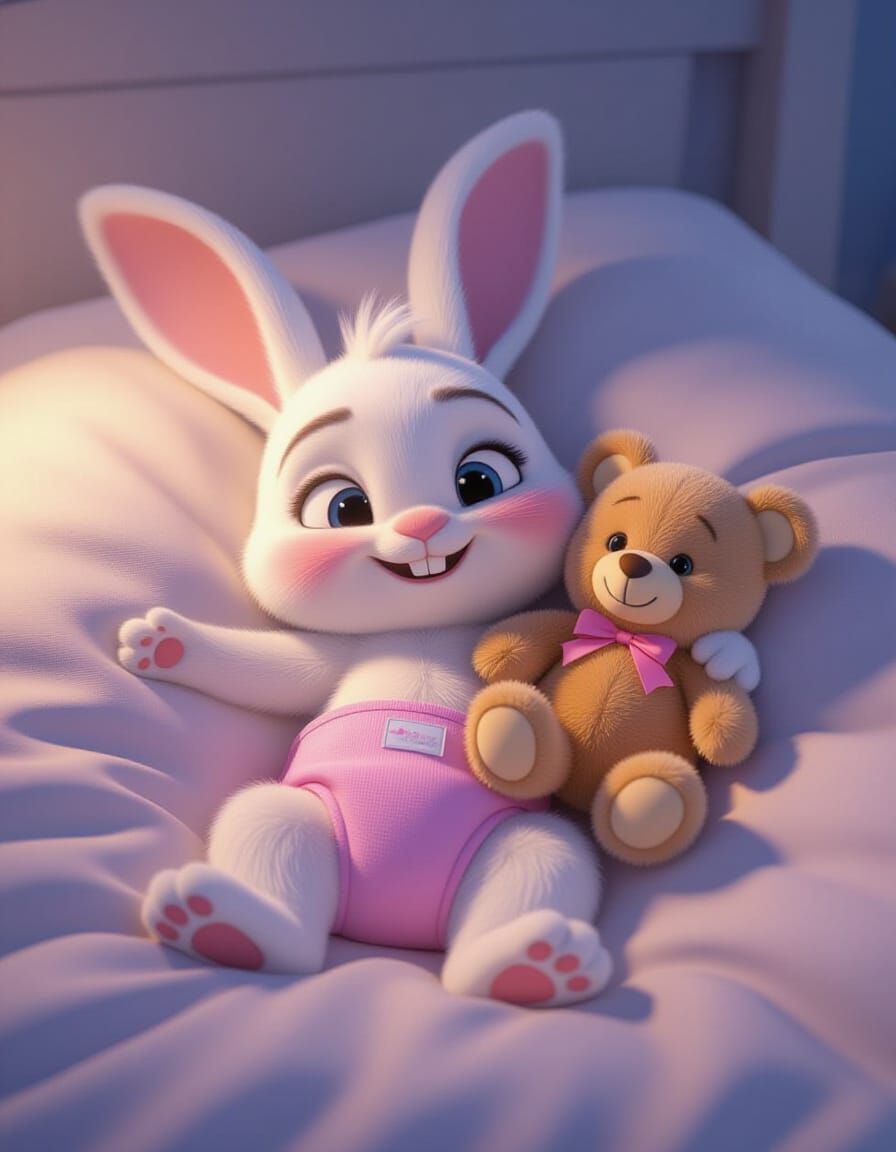 Cute Rabbit in Diaper with Teddy Bear