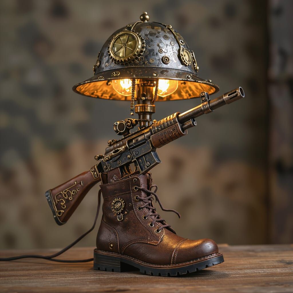 All I want to see is a one rifel as a lamp post. Nice helmet shade. Combat shoe at the bottom.