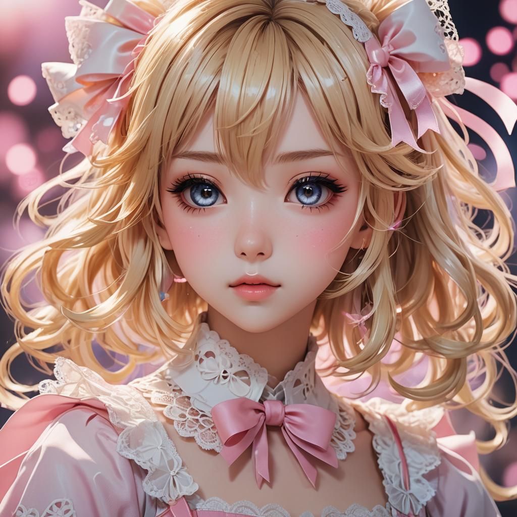 Cute Anime Girl Portrait with Lace and Ribbons