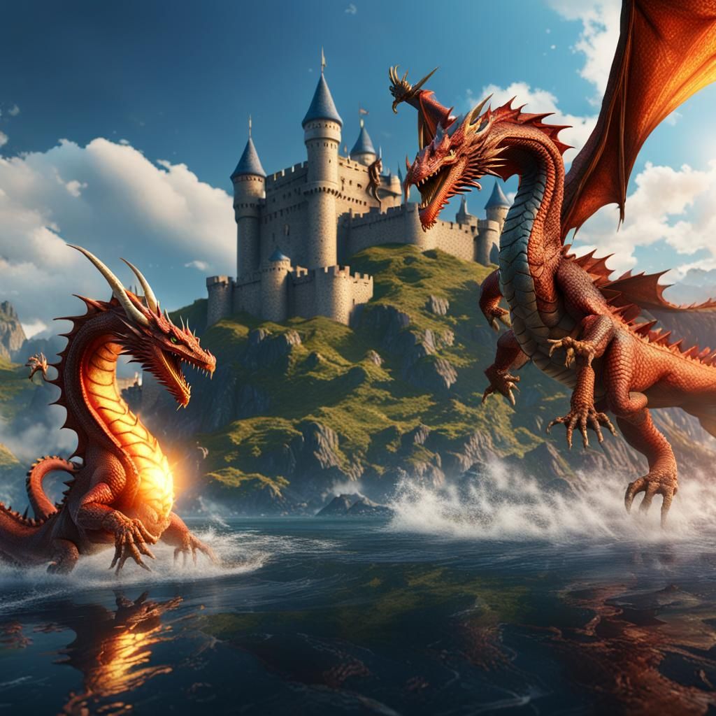 Epic Dragon Battle Above Castle: 3D Game Cinematic