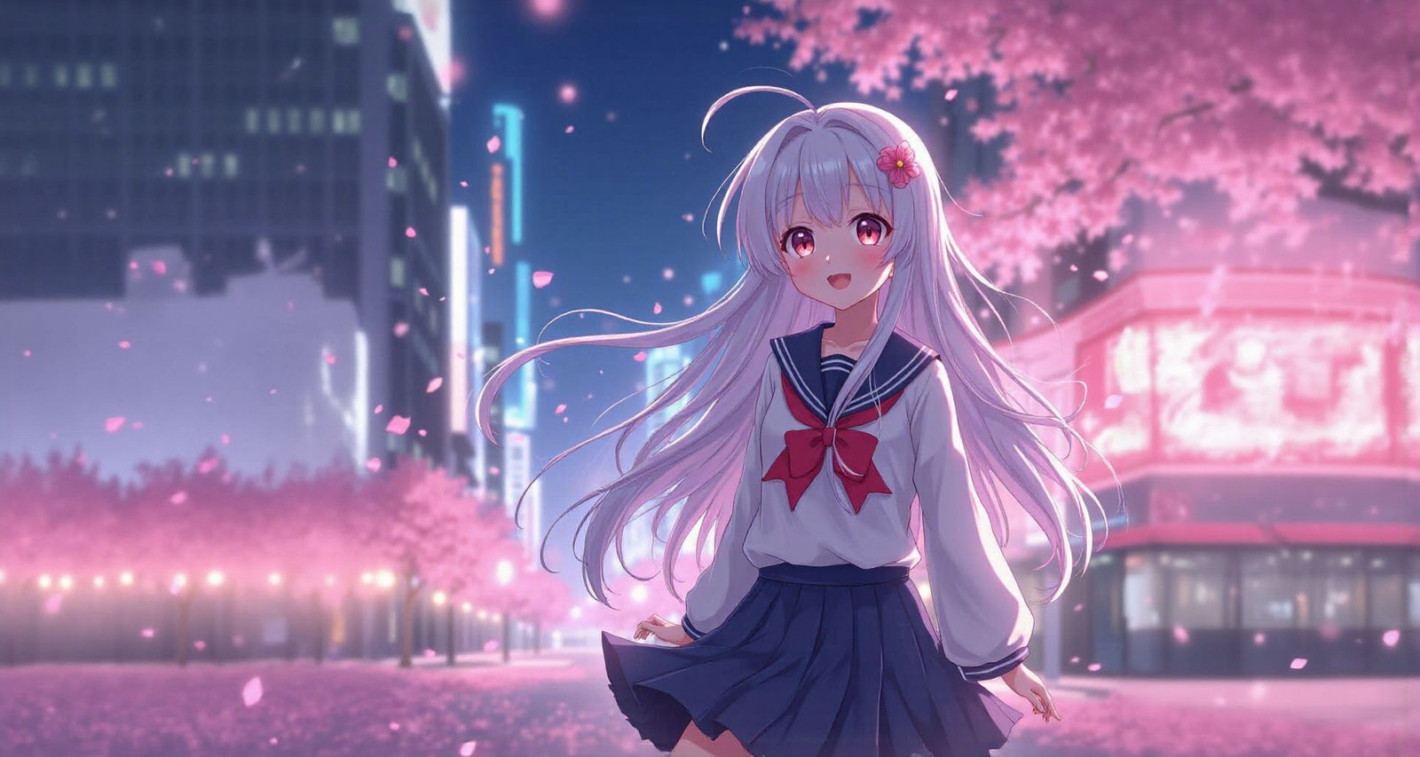 Anime Girl in Neon Cityscape with Cherry Blossoms