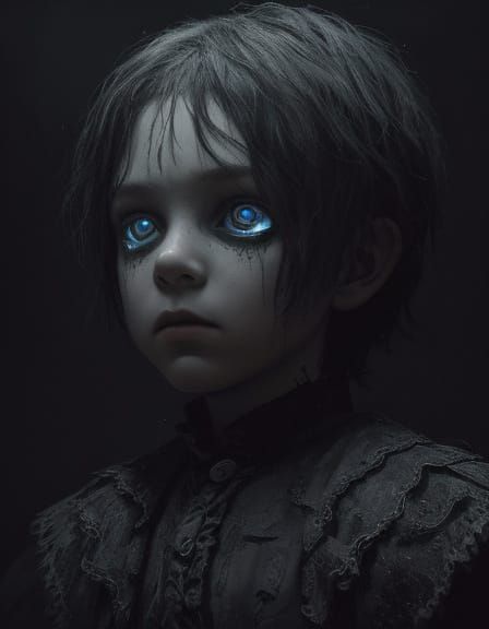 Eerie Portrait of Boy with Glowing Eyes