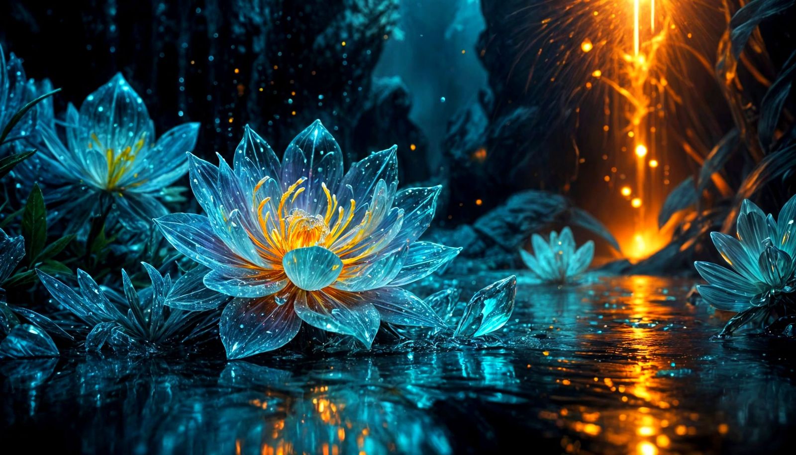 Magical Glowing Ice Flower in Ethereal Fog