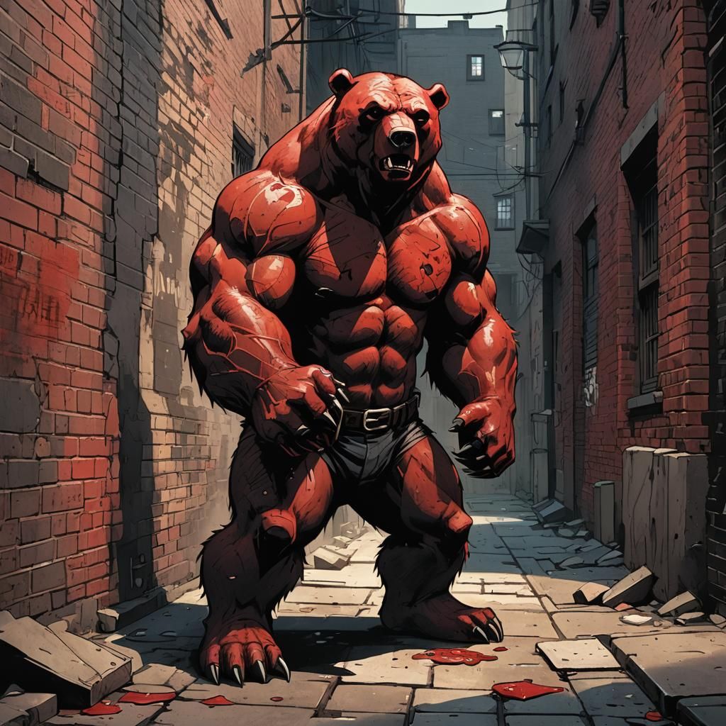 Menacing Red Bear in Dark Fantasy Comic Style