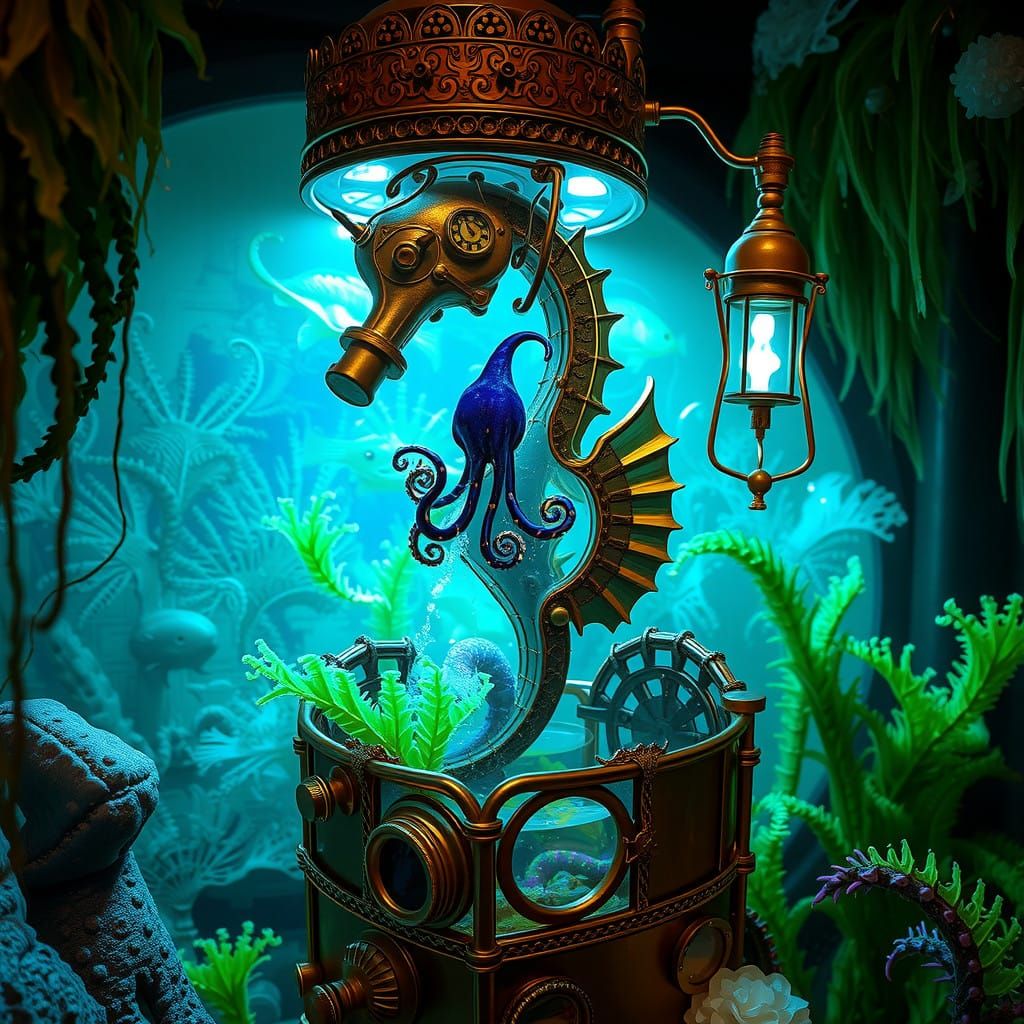 Steampunk Seahorse Aquarium in a Victorian Era Style with Al...