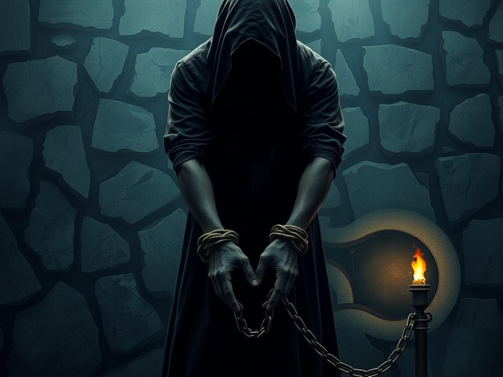 Surreal Figure Trapped in Dark, Ruined Castle