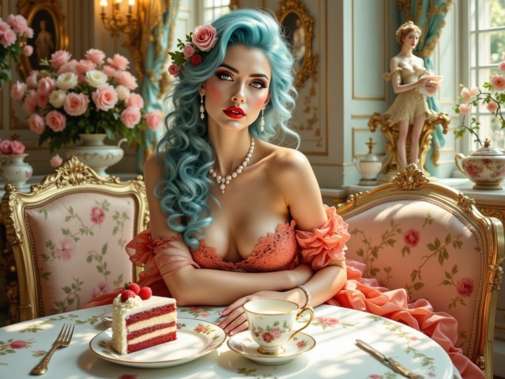 Elegant Woman in Lavish Rococo Tea Room