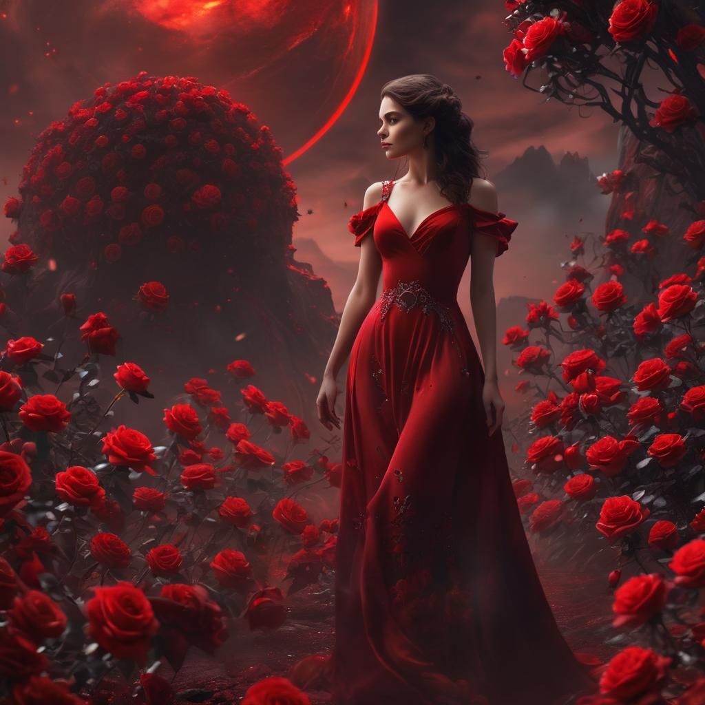 Crimson Woman Surrounded by Roses and Rubies