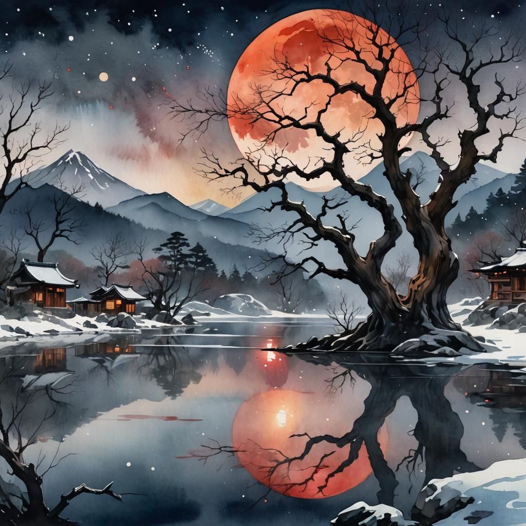 Blood Moon Reflection on Mountain Lake, Watercolor Style