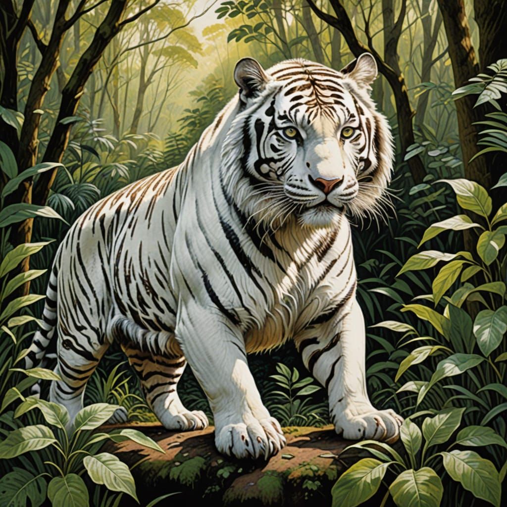 Majestic White Tiger in a Dreamlike Jungle Scene