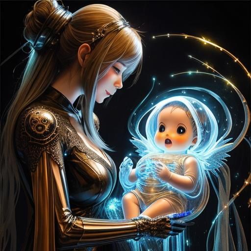 Luminescent Ghost with Skeleton Baby in Watercolor Art