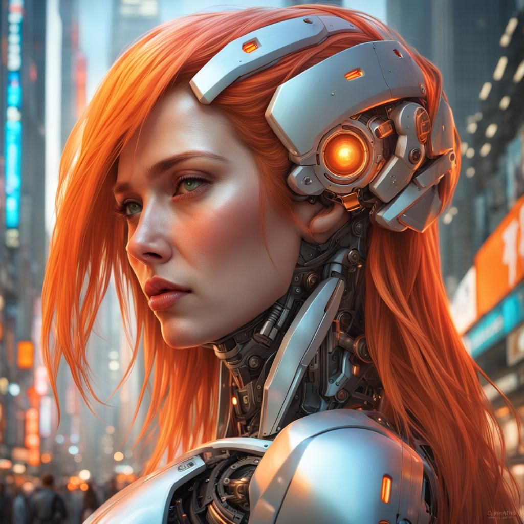 Robot Woman Portrait in Tokyo, Hyperdetailed Concept Art